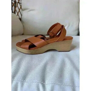 Everlane Women's Brown Leather Slingback Clog Sandals Mid Wedge Heel